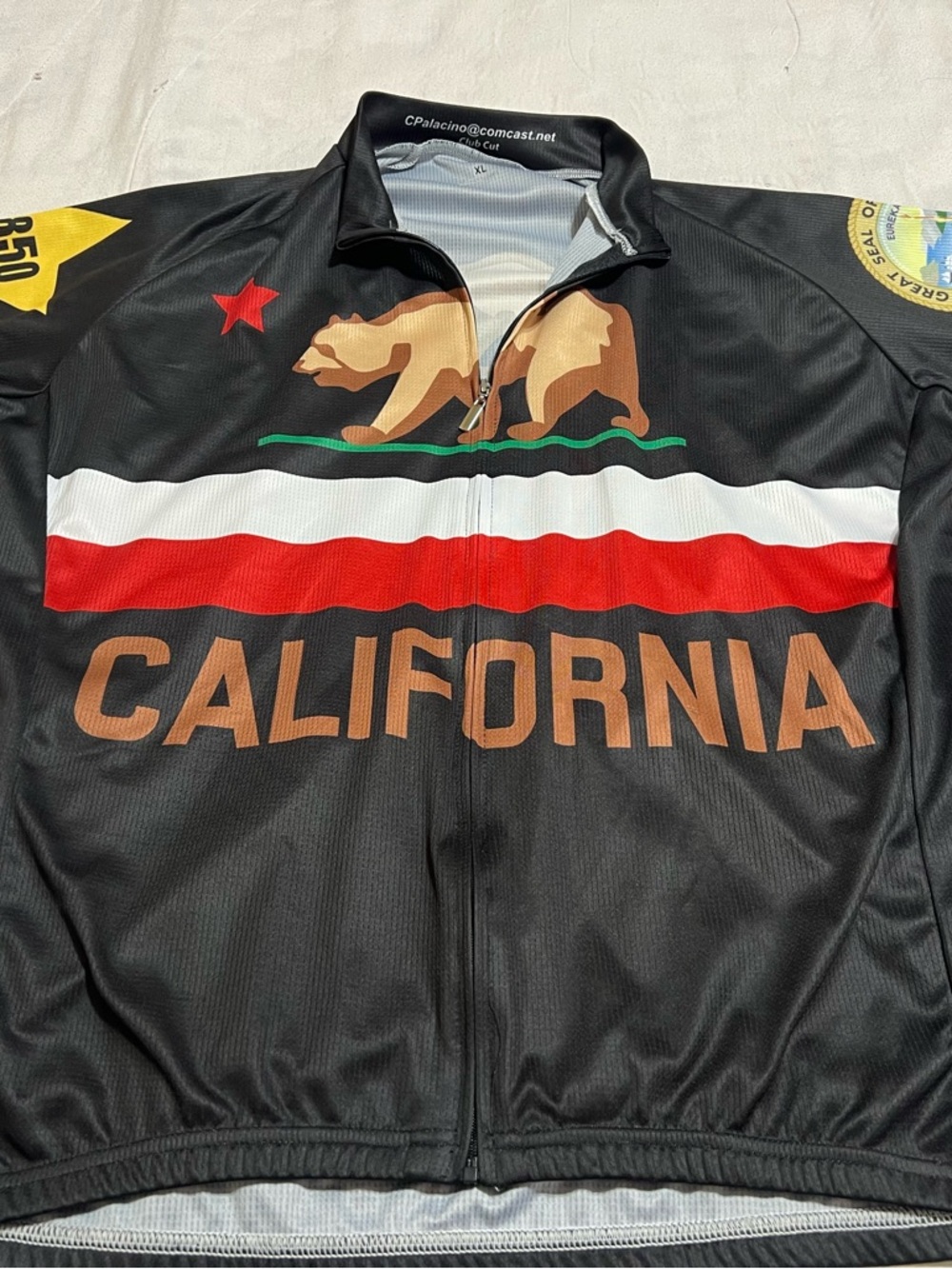 California Bear Graphic Cycling Jersey - Black with Red & White Stripes